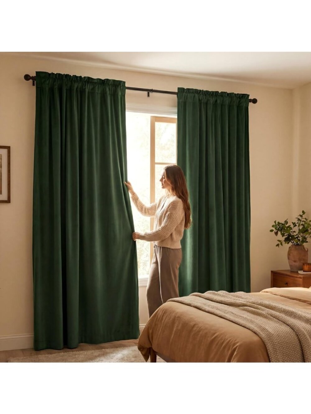 Dark Olive Green Velvet Blackout Curtains, 84" Long, Noise Reducing, 2 Panels